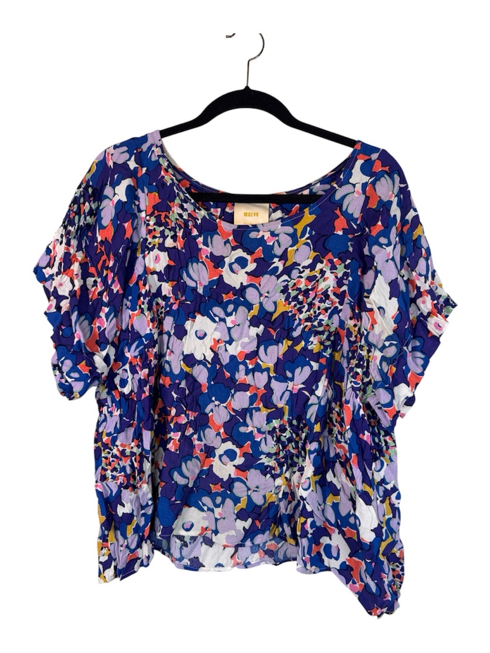 Maeve Blue Red Floral Blouse Womens L Casual Flowy Romantic Short Sleeve Top